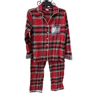 Lands' End Red Plaid Womens Pajama Set sz Small Piping Soft Cozy